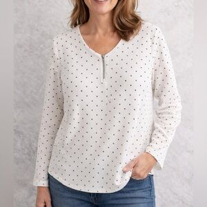 LILY MORGAN-White & Black Polka Dot Zip Front Blouse Size M